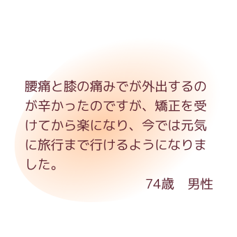 腰痛と膝の痛みでが外出するのが辛かったのですが、矯正を受けてから楽になり、今では元気に旅行まで行けるようになりました。74歳　男性